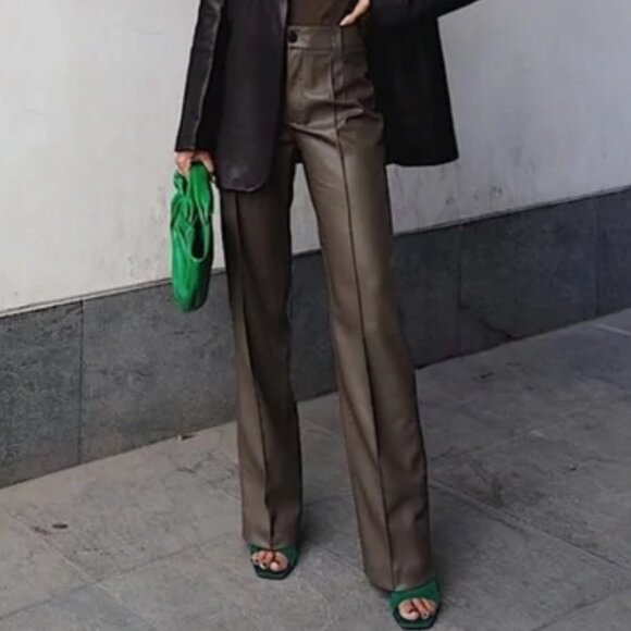 Zara | Taupe Francoise Straight Leg High-Waisted Faux Leather Trouser Pants | XS - Picture 1 of 16